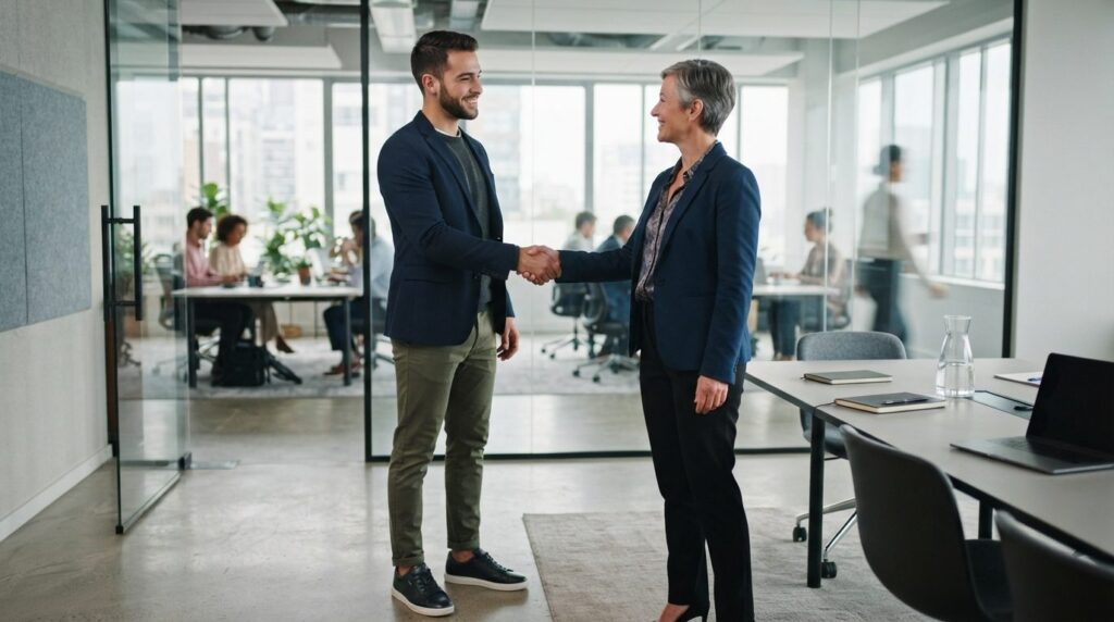 Young professional man shaking hands with interviewer in sle