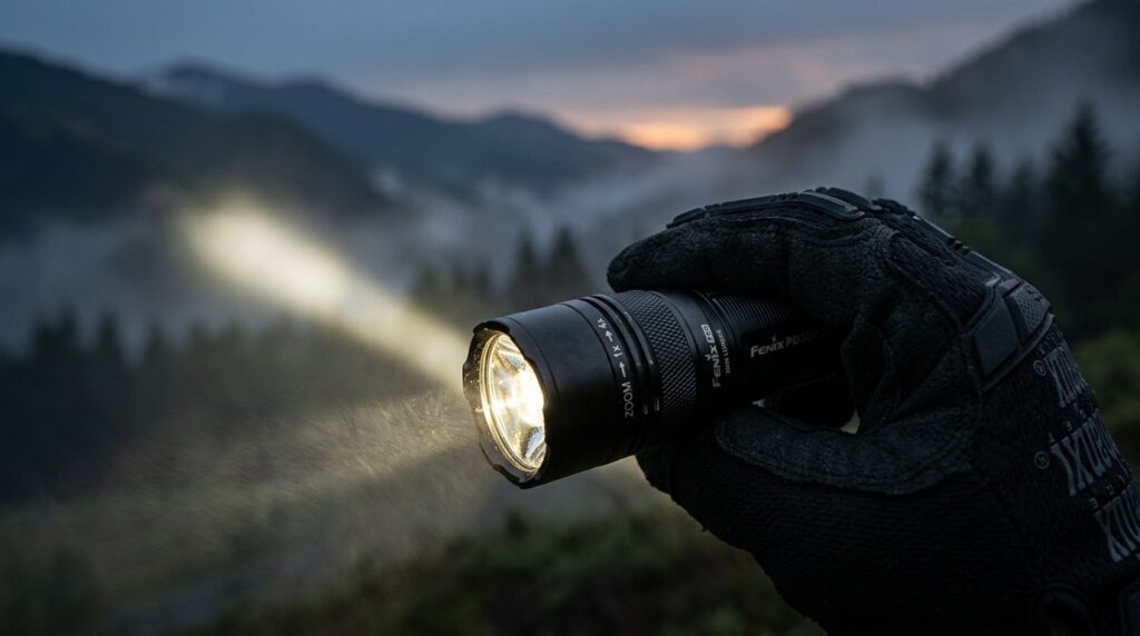 Close-up professional photograph of a premium LED flashlight