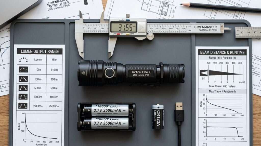 Flat lay product photography of flashlight technical specifi