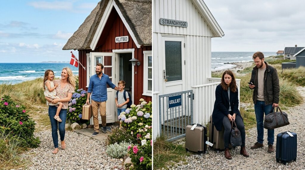 Split-screen concept showing a happy family entering a summe