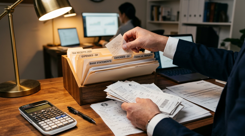 Close-up of businessmans hands organizing financial documen