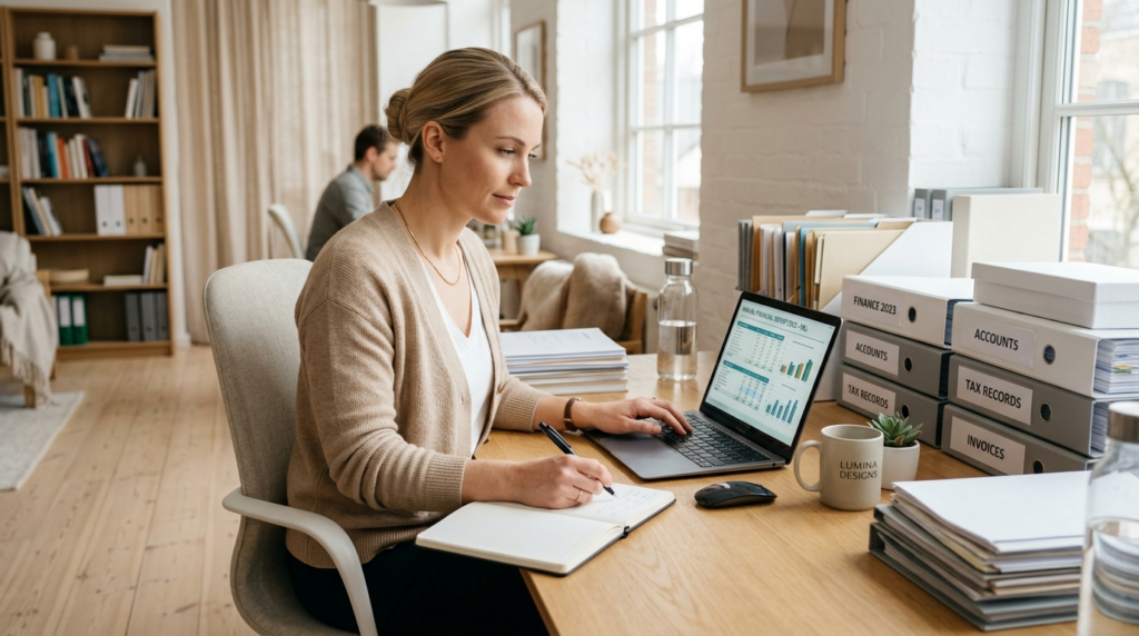 Female small business owner reviewing annual accounts on lap