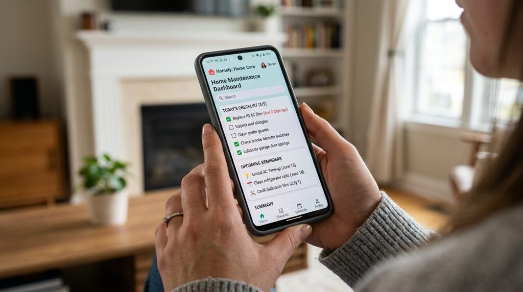 Close-up of hands holding smartphone showing home maintenanc