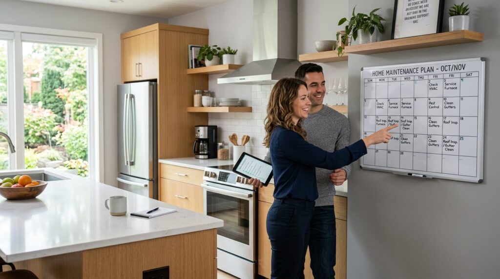 Busy professional couple standing in modern kitchen discussi