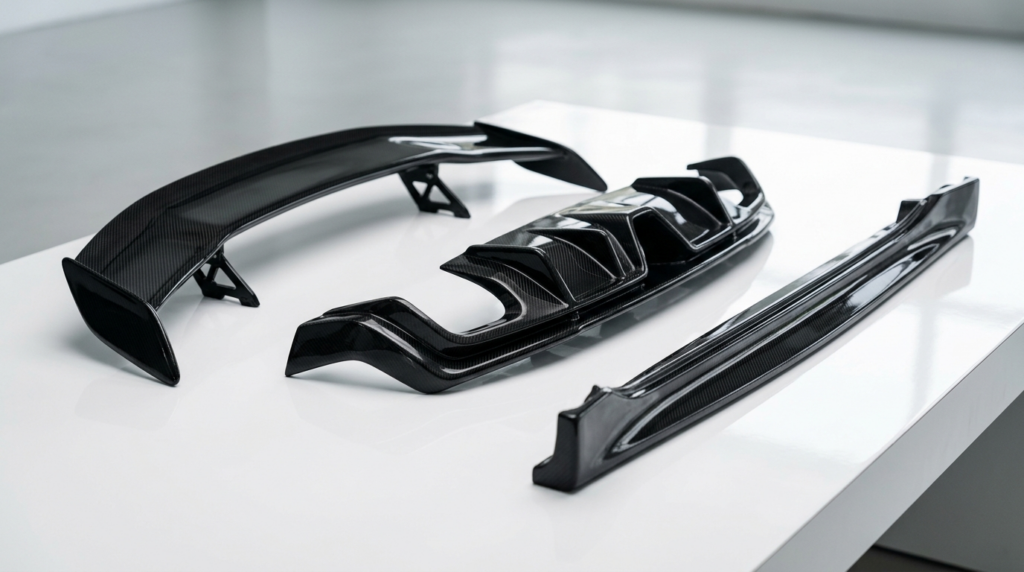 Close-up product photography of aerodynamic car accessories: