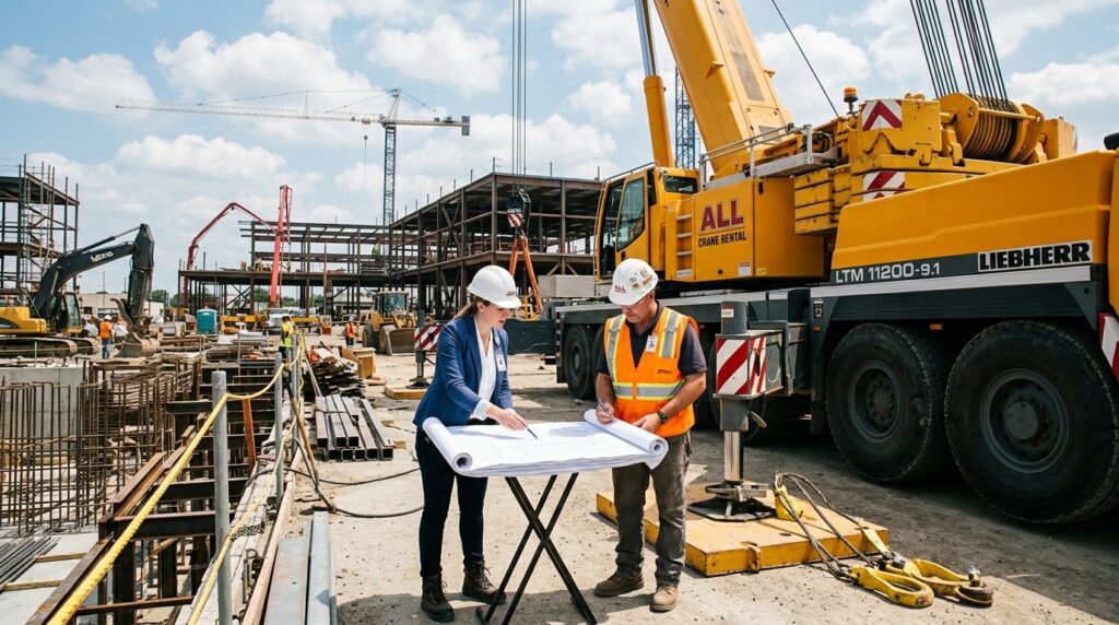 Wide-angle photograph of a construction site meeting between
