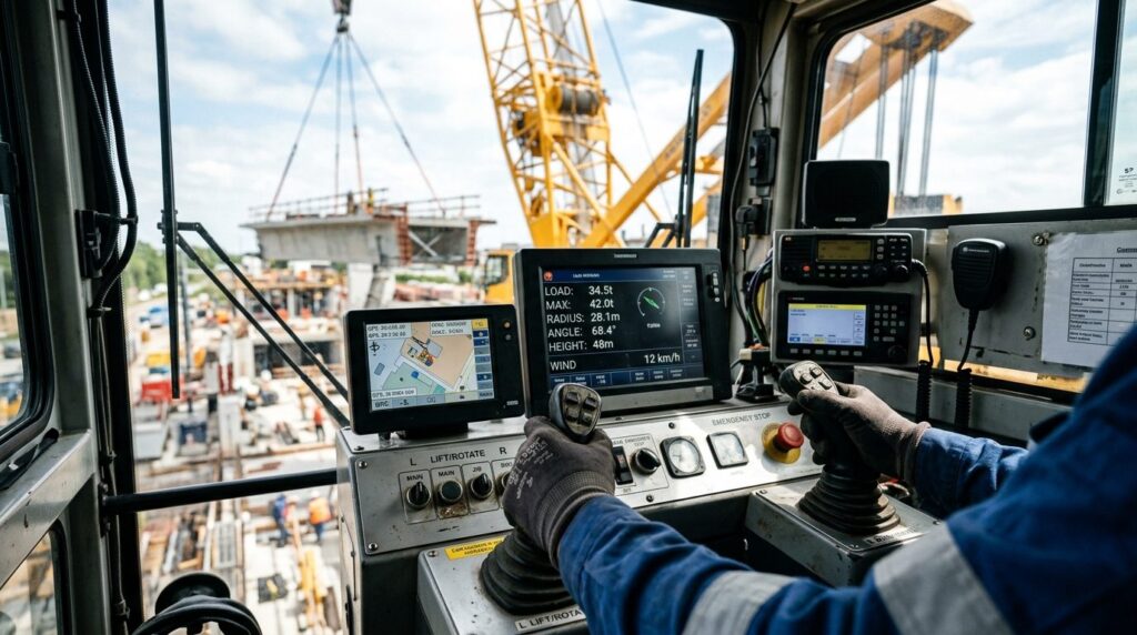 Detailed shot of a crane operators hands on control levers 