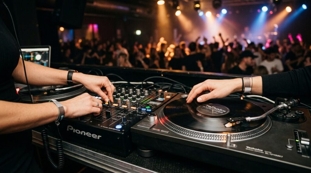 Close-up of experienced DJs hands skillfully mixing on prof