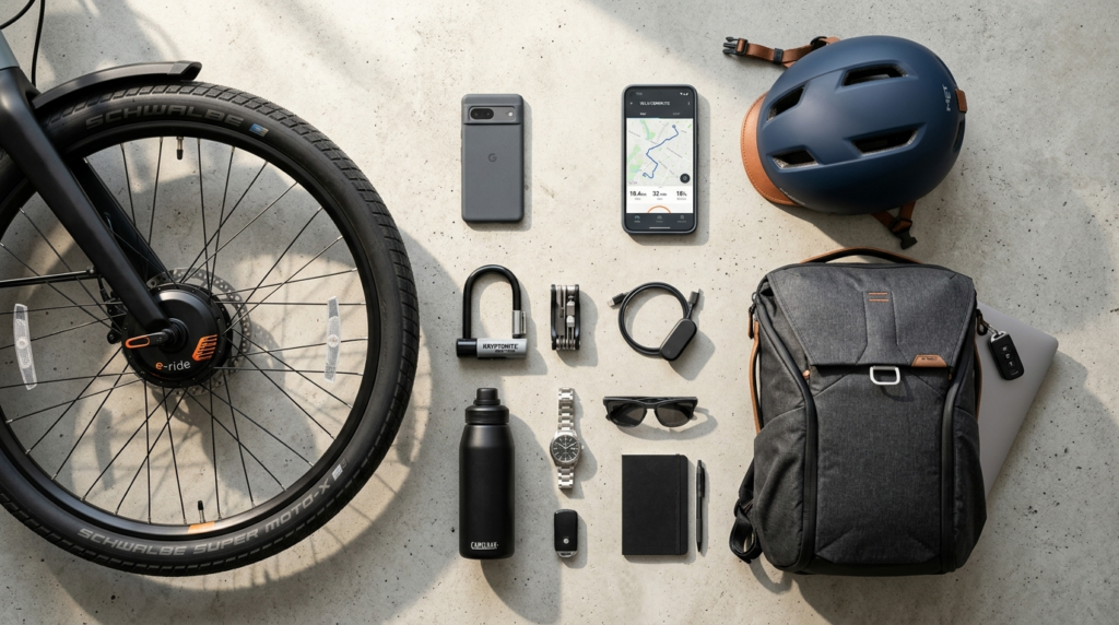 Overhead flat-lay composition featuring a premium e-bike hel