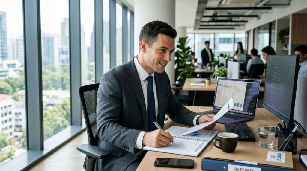 Photorealistic image of a focused businessman in business at