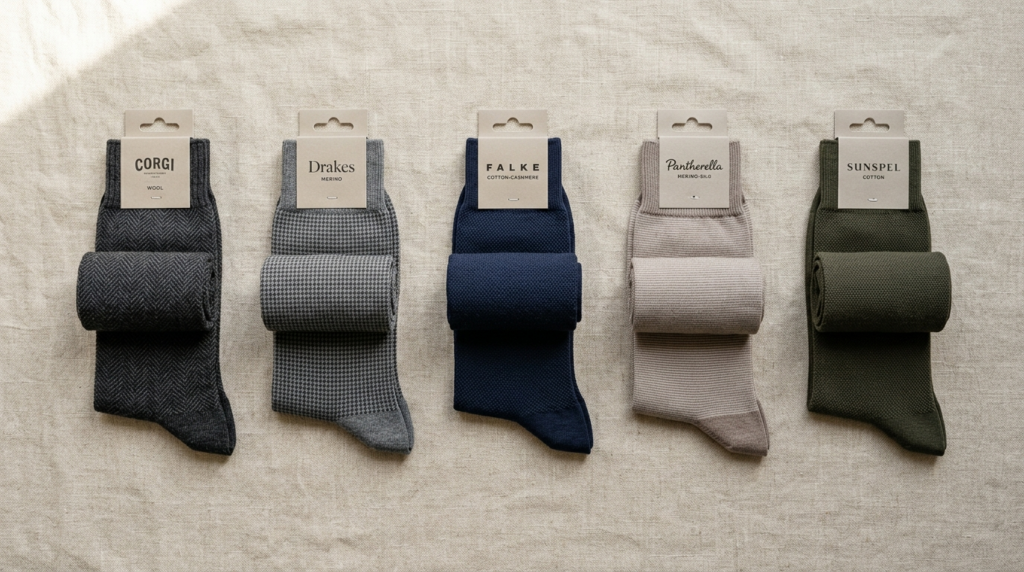 Flat lay overhead composition of five pairs of premium mens