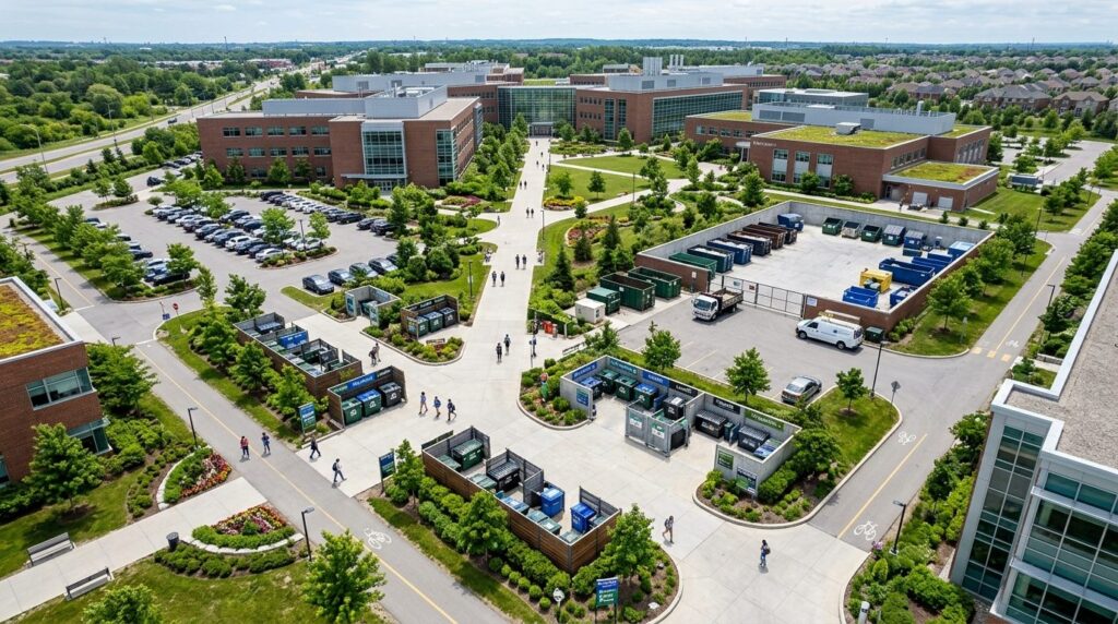 Aerial view of a large institutional complex outdoor area wi